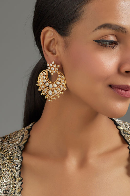 Gold Plated Kundan Polki Chandbali Earrings In Sterling Silver