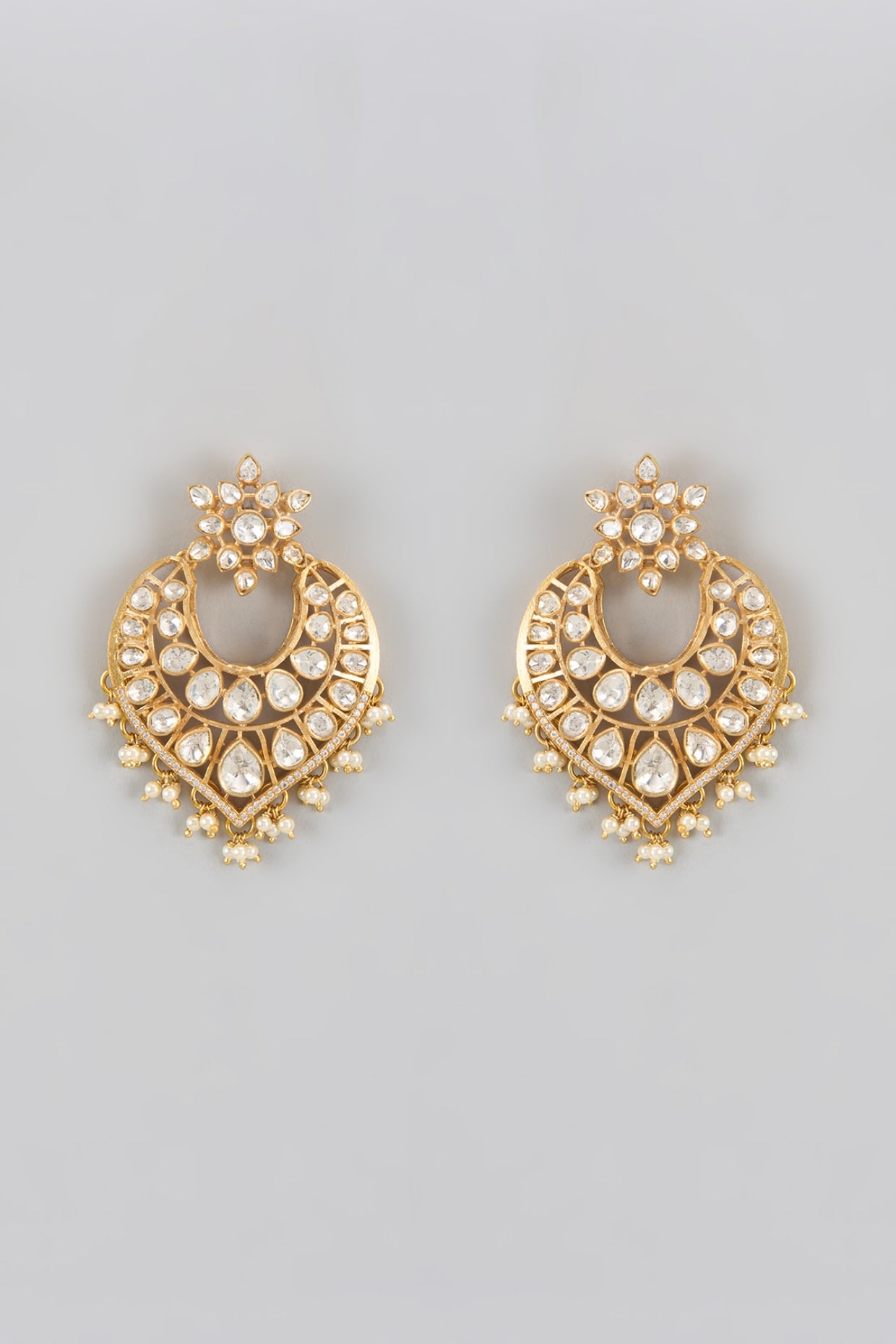 Gold Plated Kundan Polki Chandbali Earrings In Sterling Silver