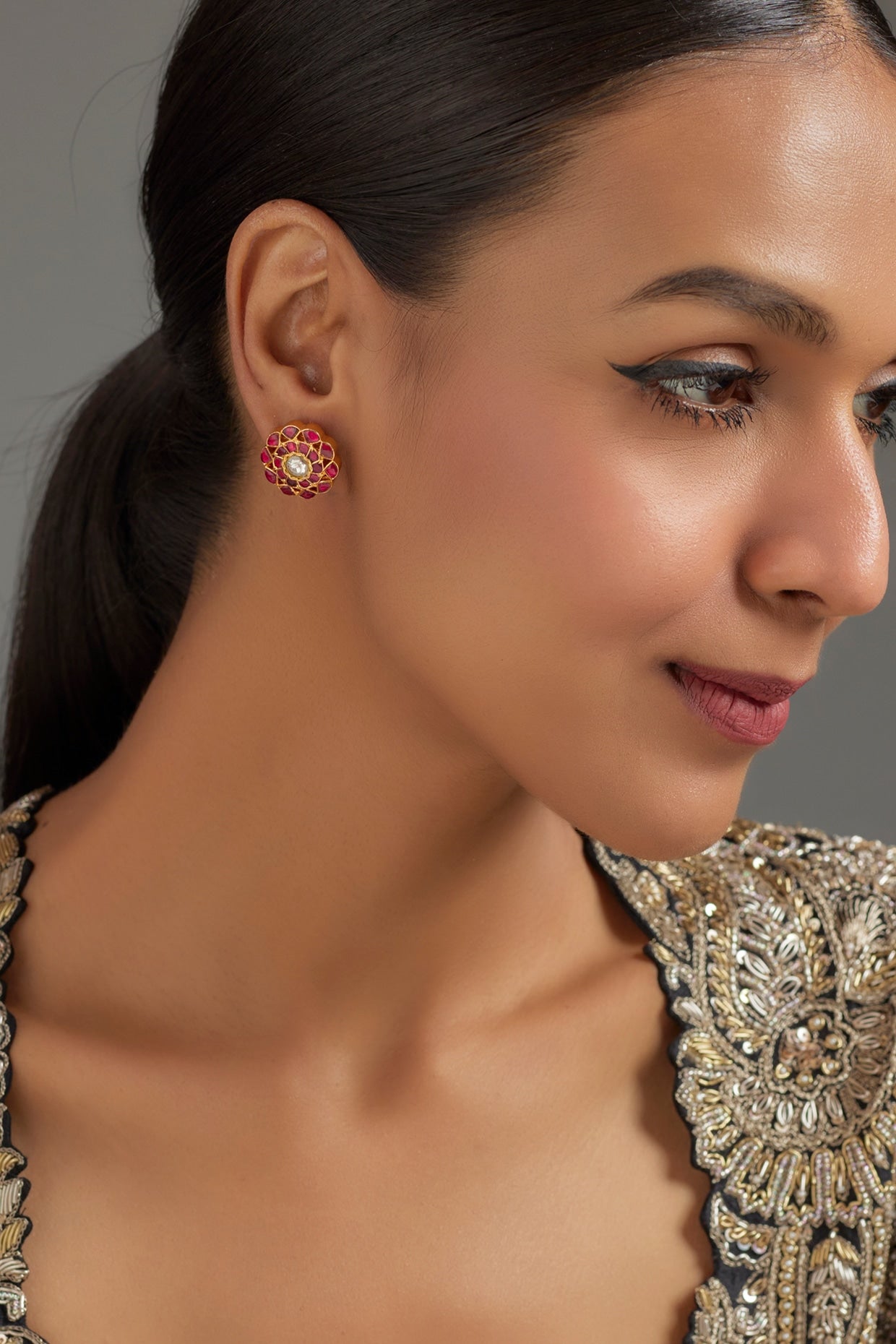 Gold Plated Red Kundan Polki Stud Earrings In Sterling Silver