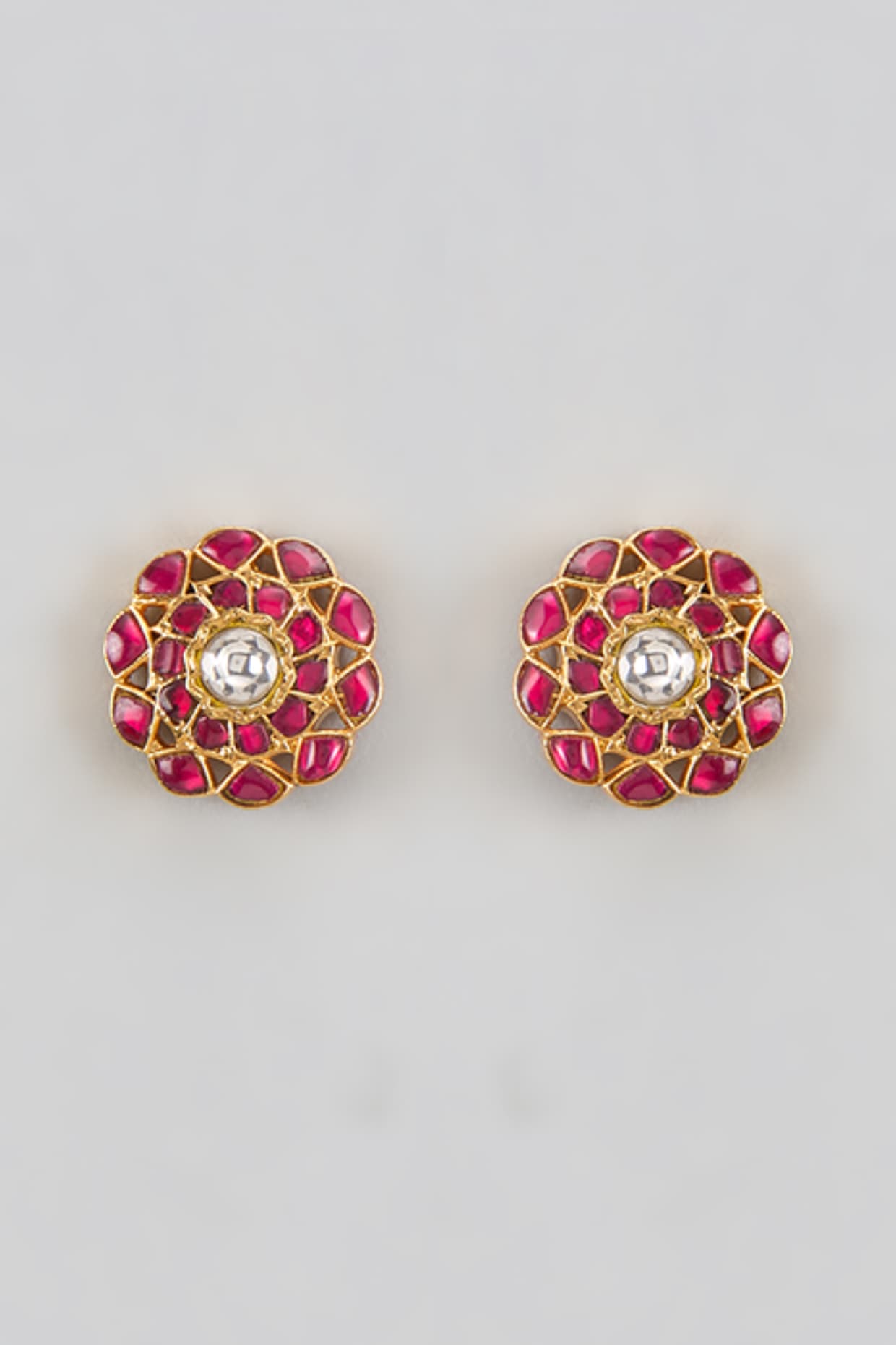 Gold Plated Red Kundan Polki Stud Earrings In Sterling Silver