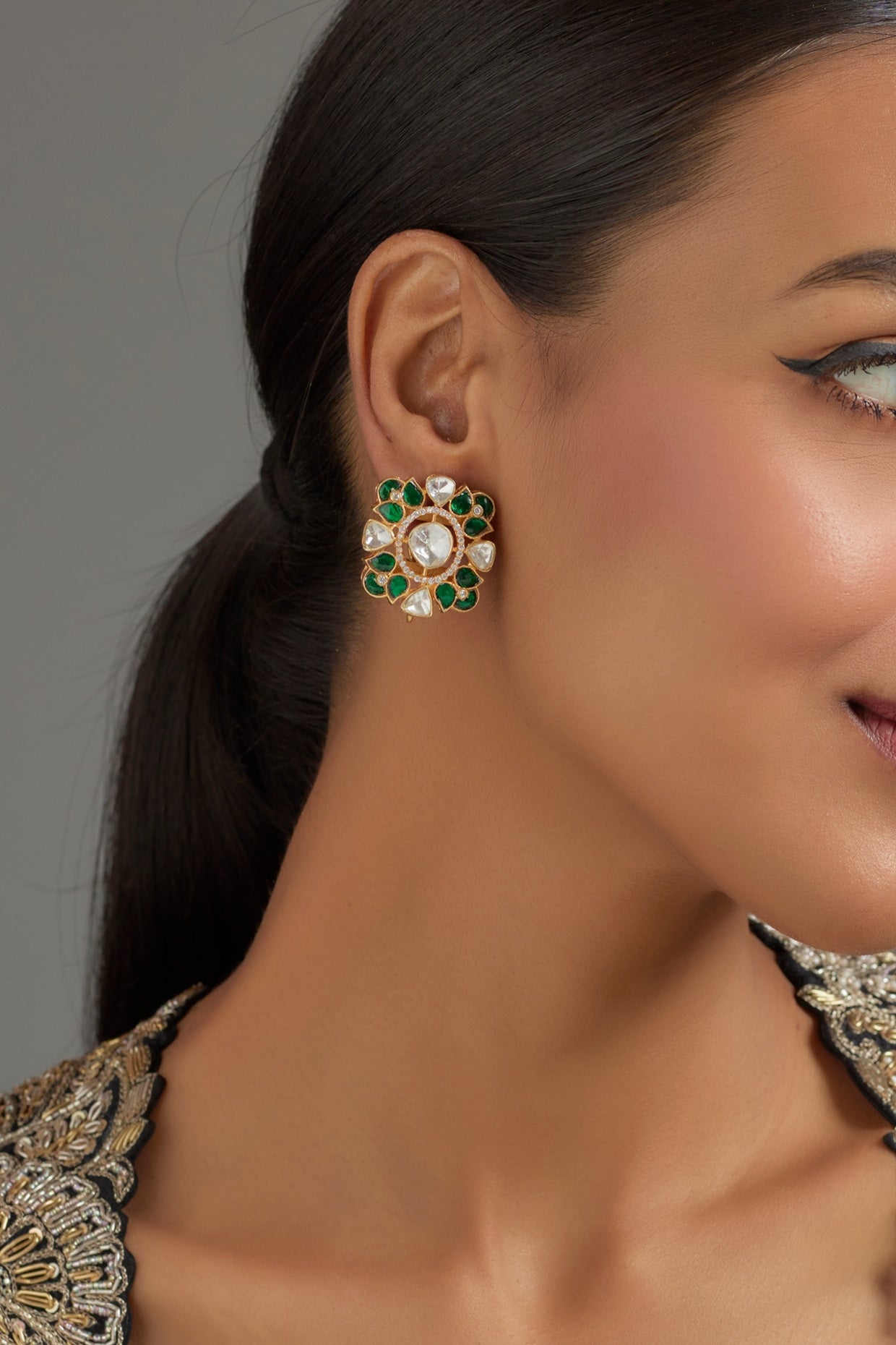 Gold Plated Green Kundan Polki Stud Earrings In Sterling Silver