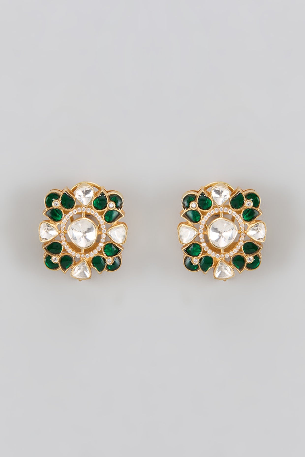 Gold Plated Green Kundan Polki Stud Earrings In Sterling Silver