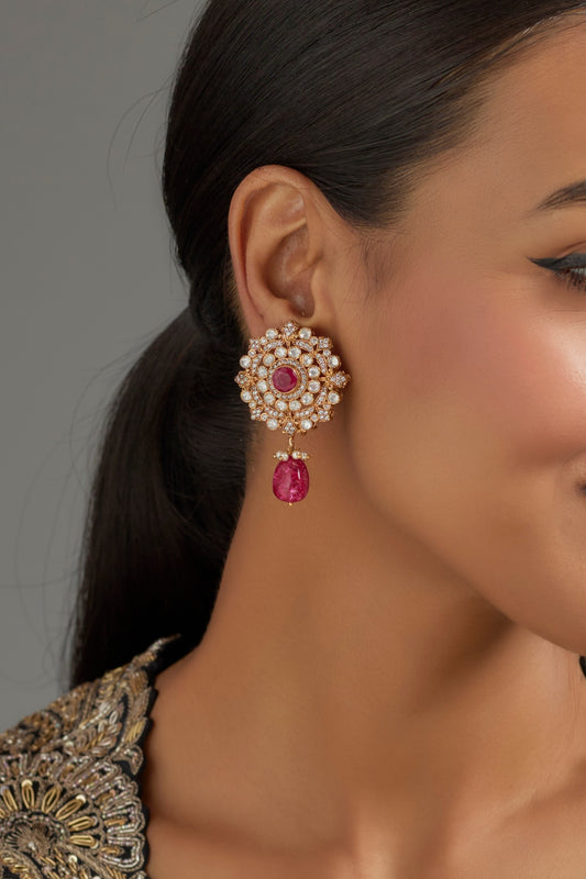 Gold Plated Red Kundan Polki Dangler Earrings In Sterling Silver