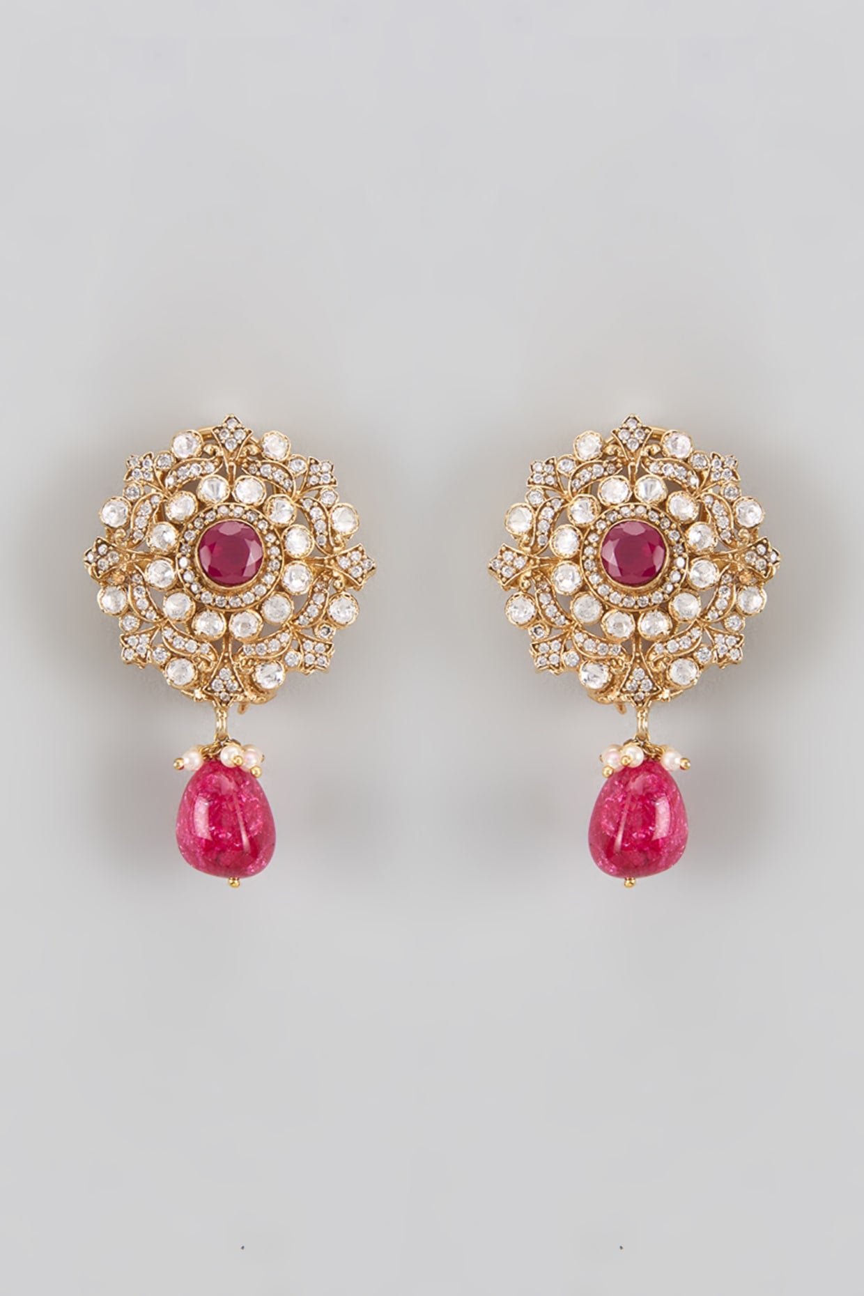 Gold Plated Red Kundan Polki Dangler Earrings In Sterling Silver