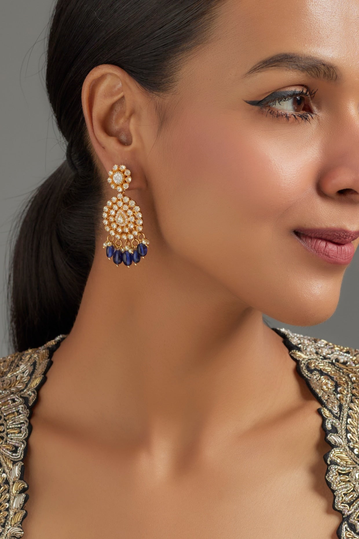 Gold Plated Kundan Polki Dangler Earrings In Sterling Silver