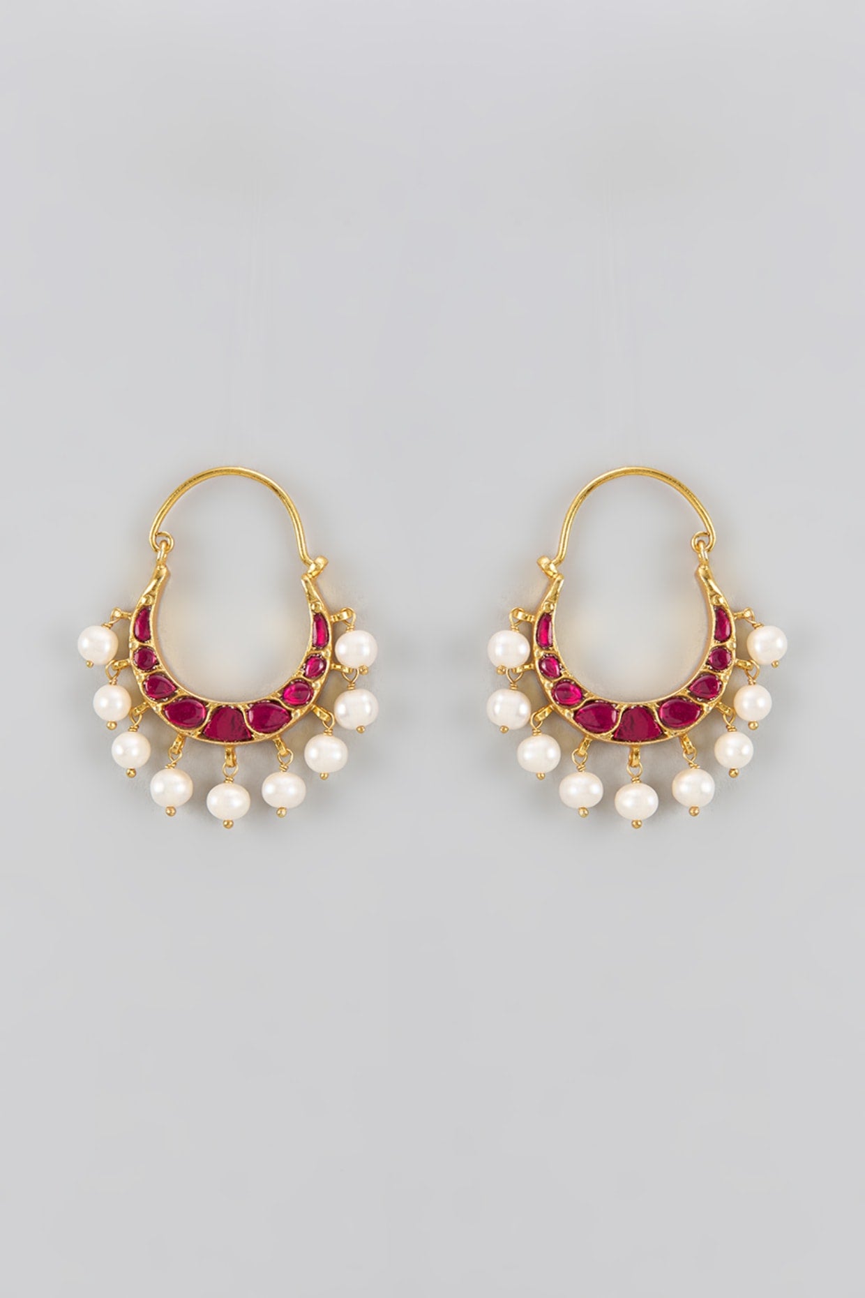 Gold Plated Red Kundan Polki & Pearl Chandbali Earrings In Sterling Silver