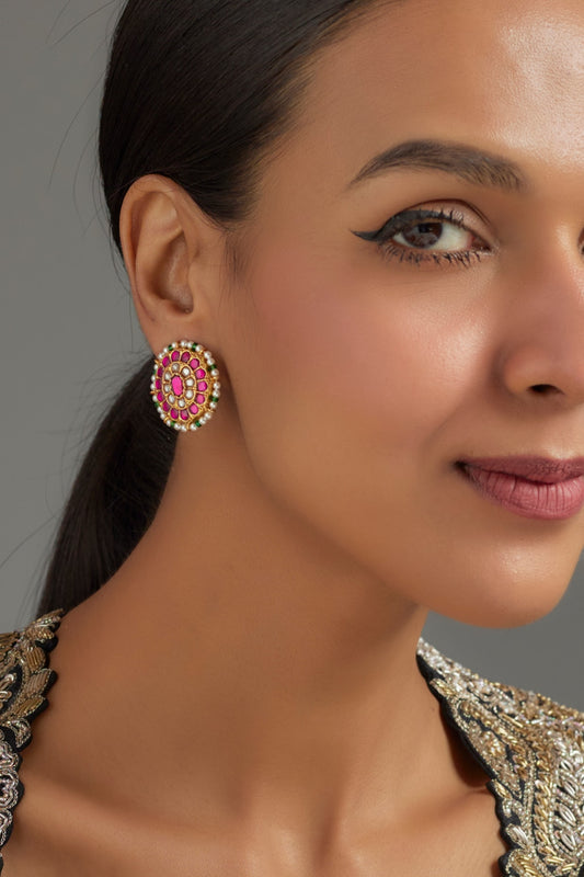 Gold Plated Red Kundan Polki Stud Earrings In Sterling Silver