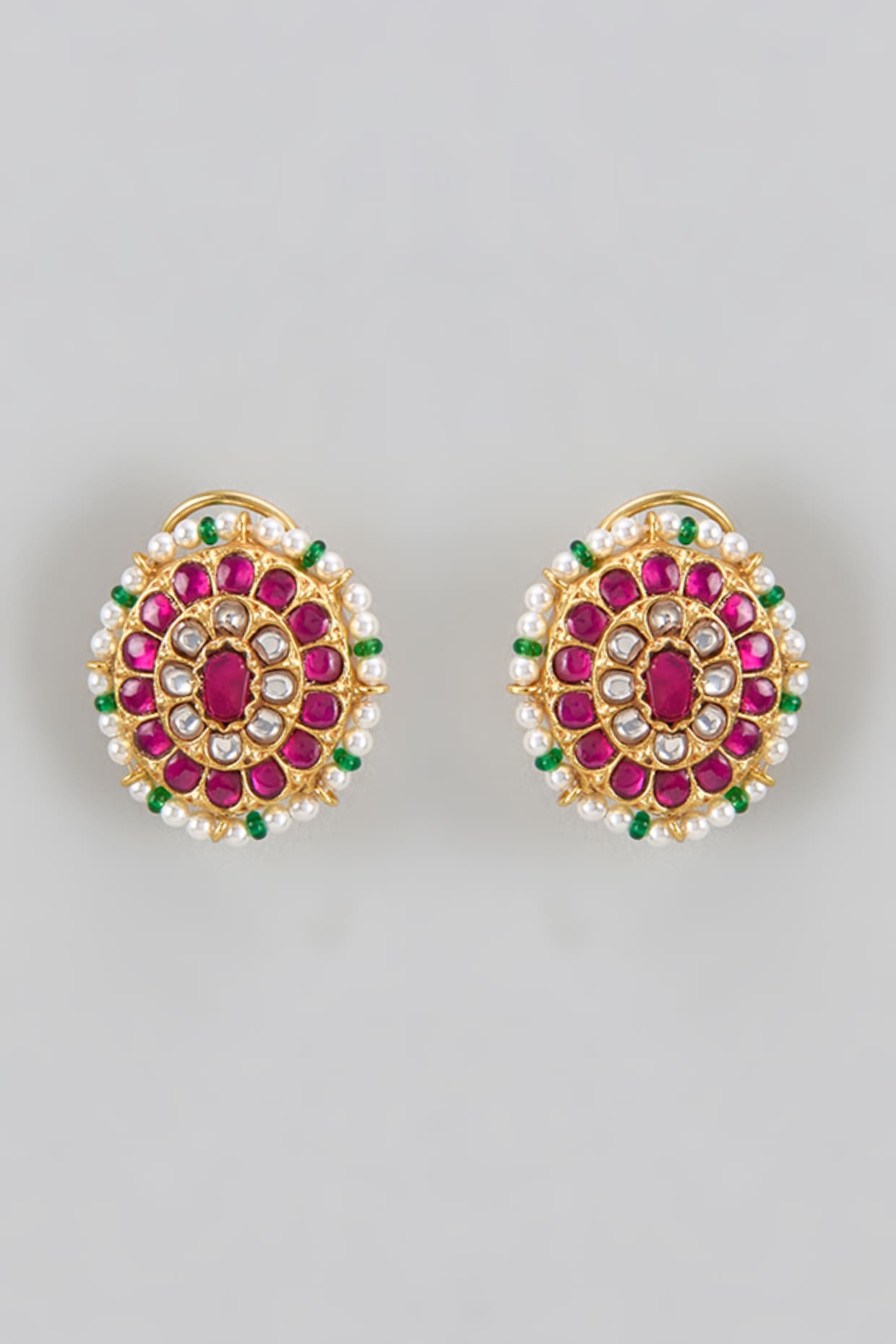 Gold Plated Red Kundan Polki Stud Earrings In Sterling Silver