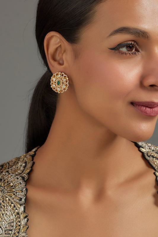 Gold Plated Green Kundan Polki Stud Earrings In Sterling Silver