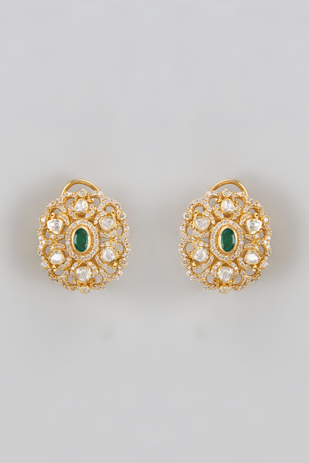 Gold Plated Green Kundan Polki Stud Earrings In Sterling Silver