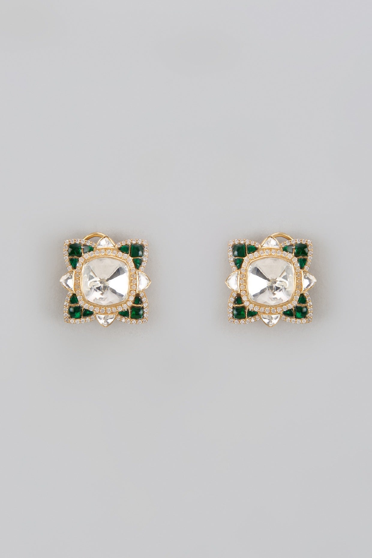 Gold Plated Green Moissanite Polki Stud Earrings In Sterling Silver