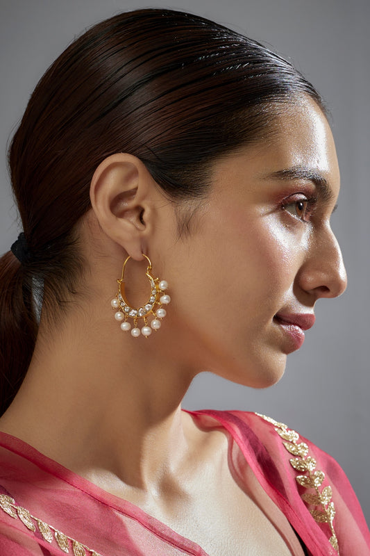 Gold Plated Kundan Polki Chandbali Earrings In Sterling Silver