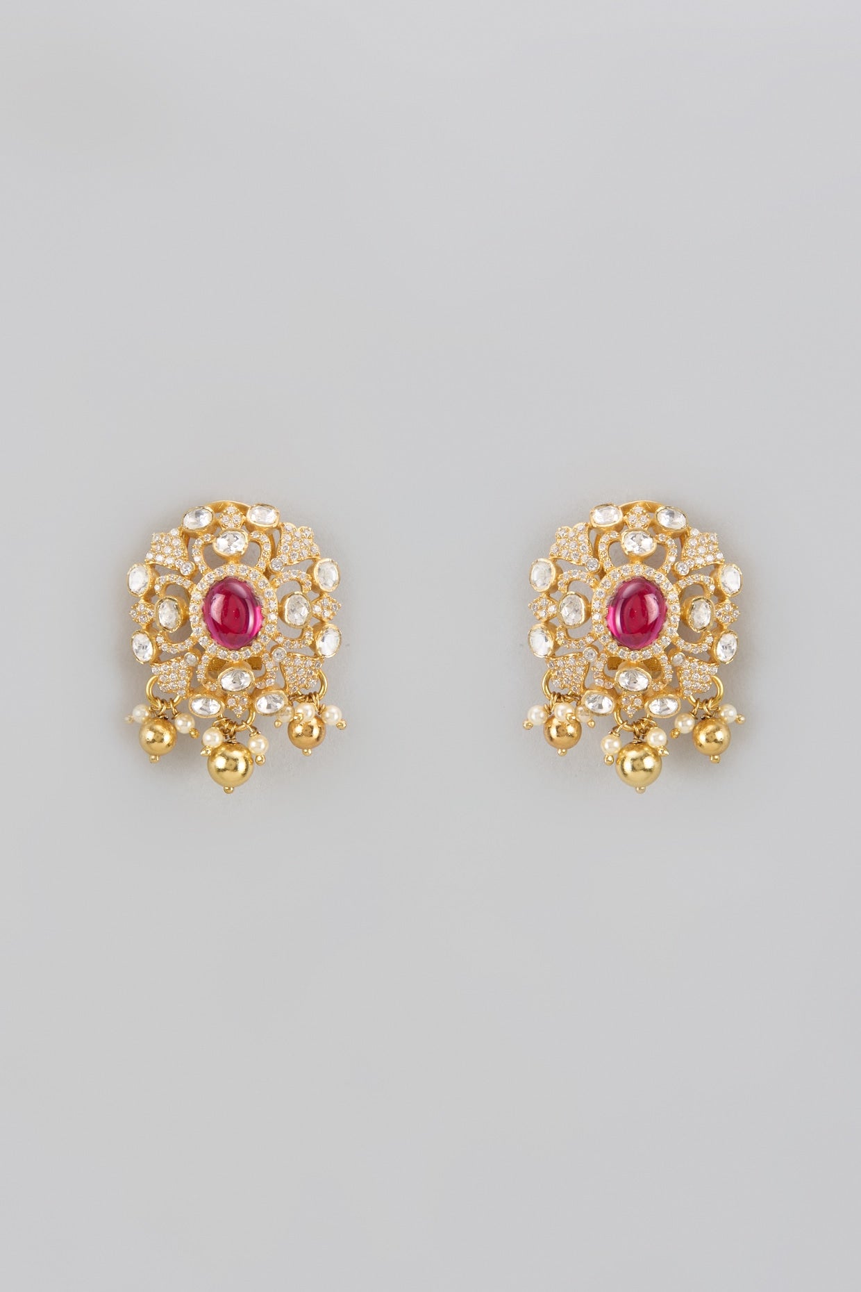 Gold Plated Red Moissanite Polki Stud Earrings In Sterling Silver