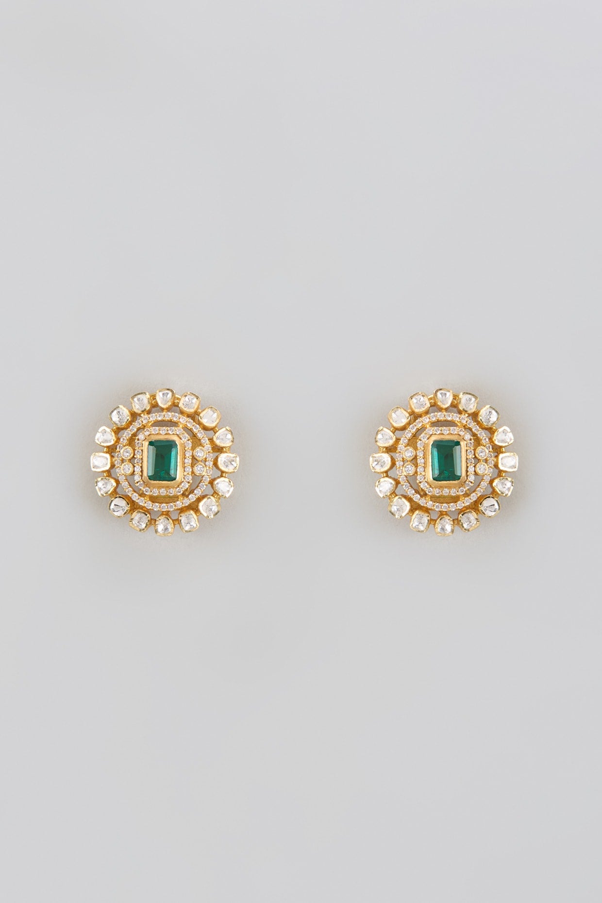 Gold Plated Green Moissanite Polki Stud Earrings In Sterling Silver