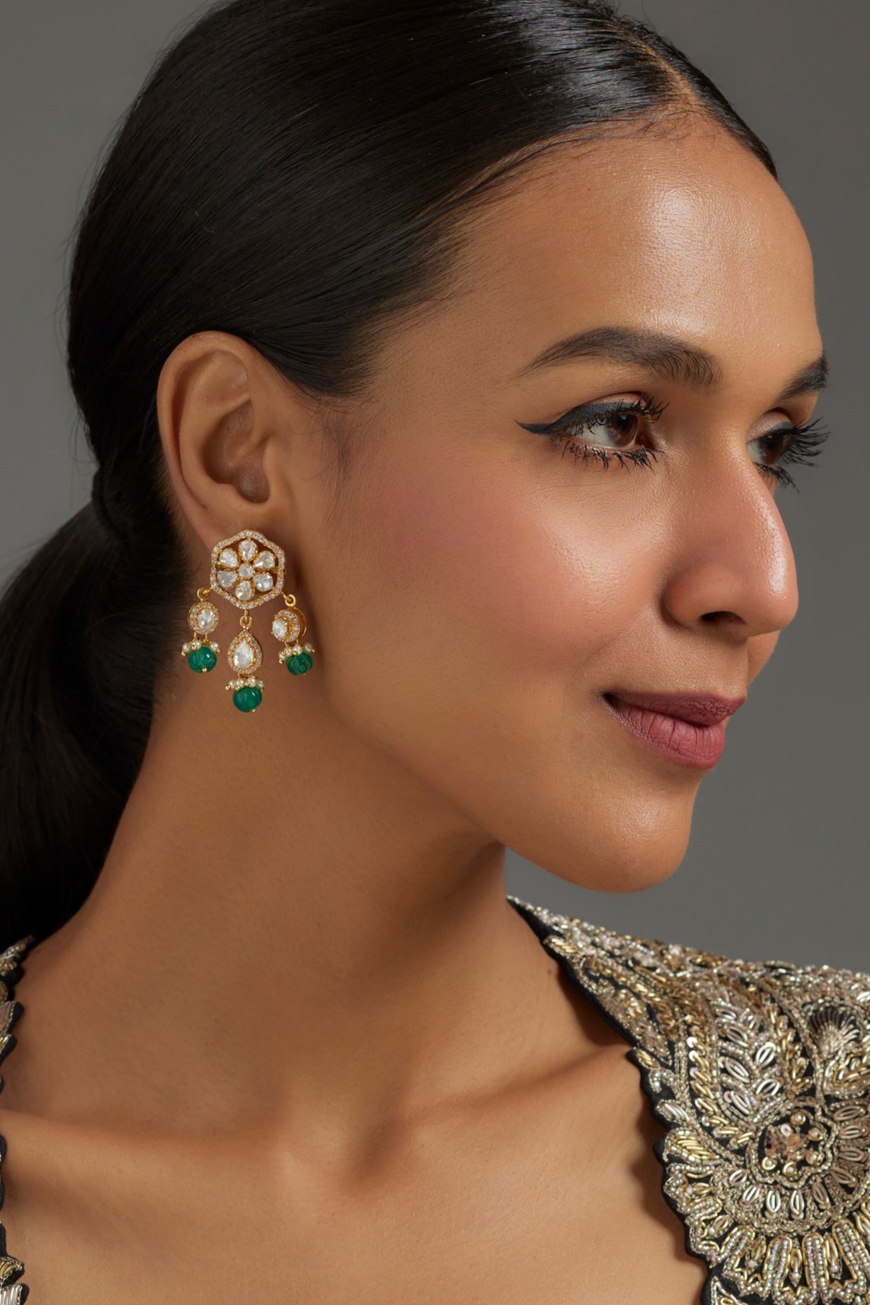 Gold Plated Green Moissanite Polki Dangler Earrings In Sterling Silver