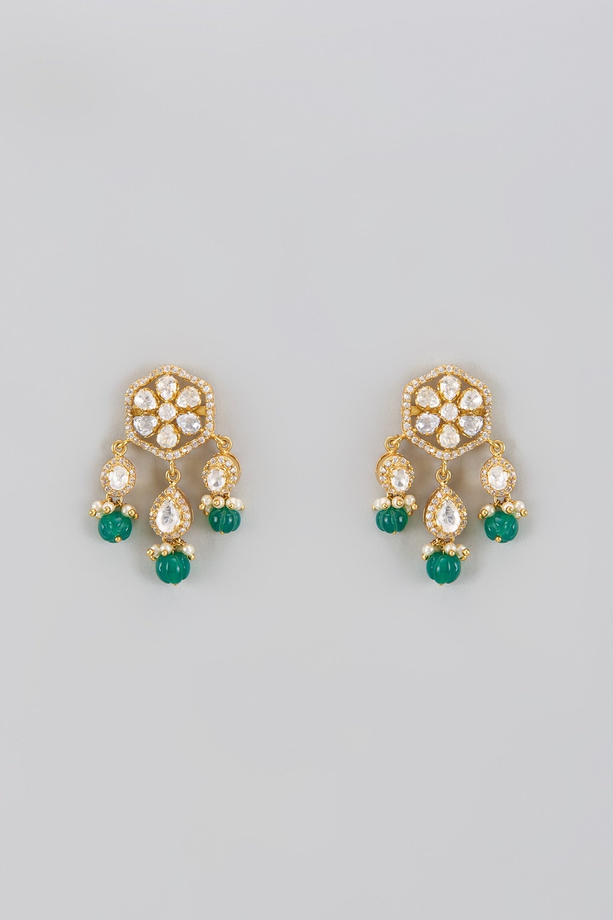 Gold Plated Green Moissanite Polki Dangler Earrings In Sterling Silver