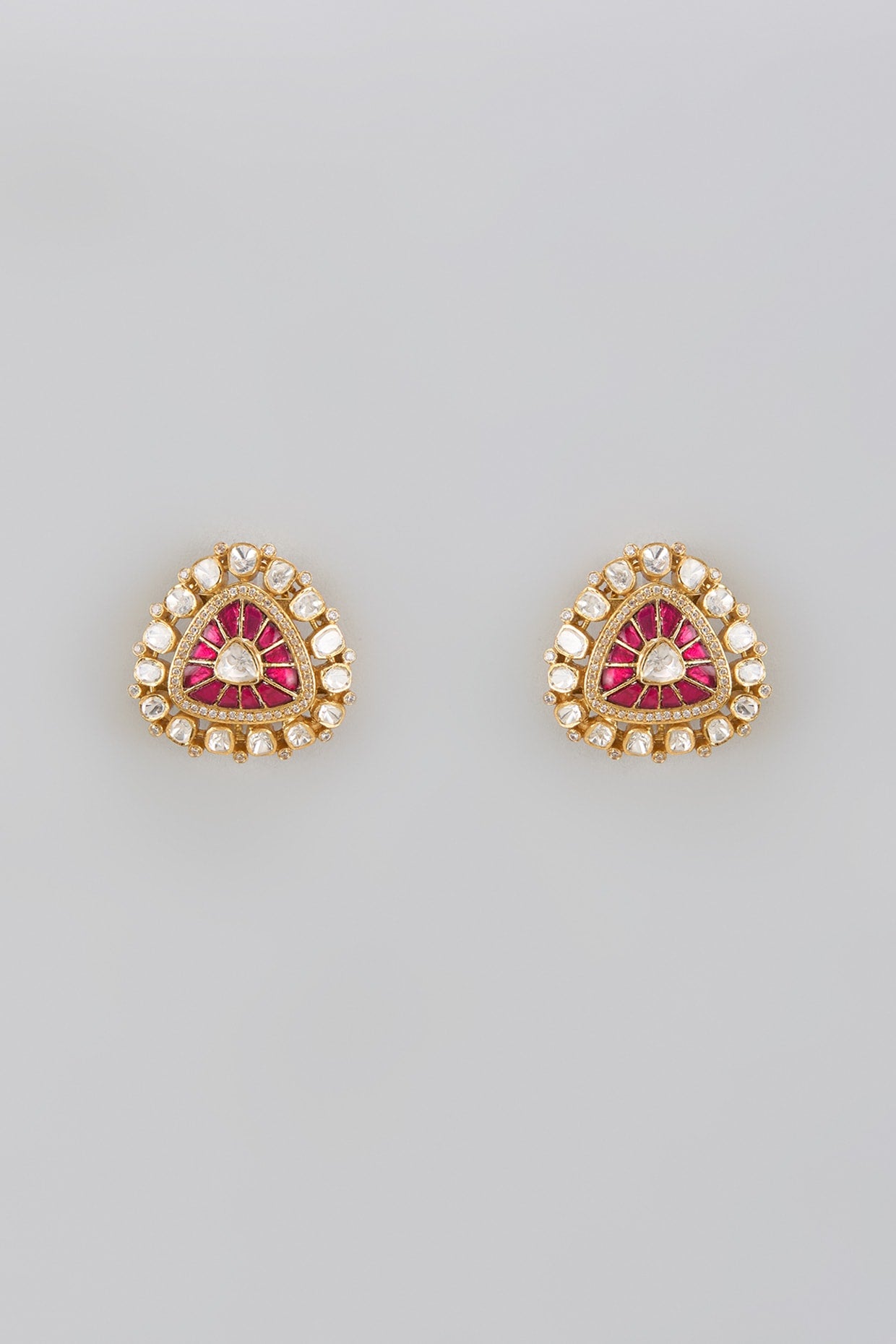 Gold Plated Red Moissanite Polki Stud Earrings In Sterling Silver