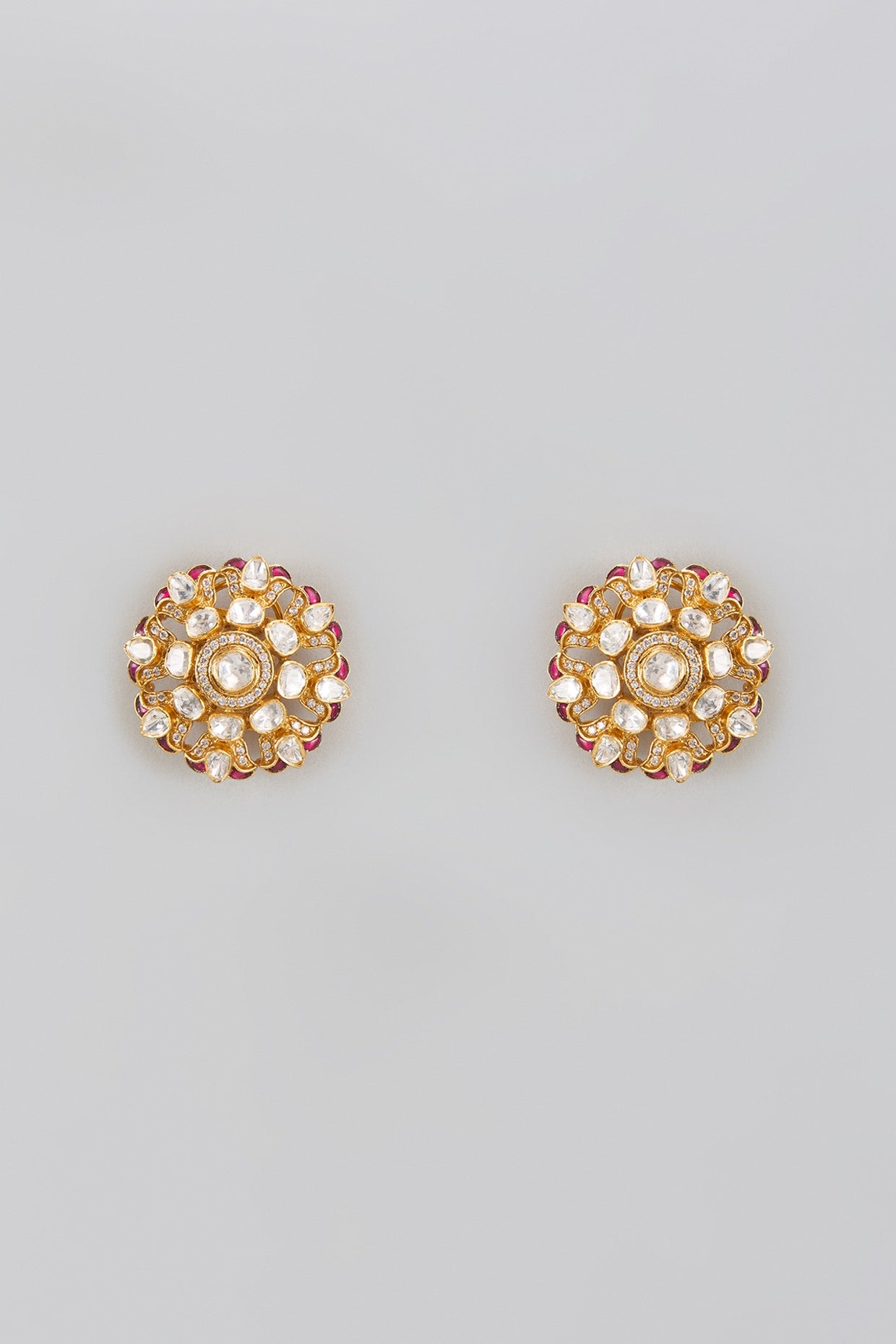 Gold Plated Moissanite Polki Stud Earrings In Sterling Silver