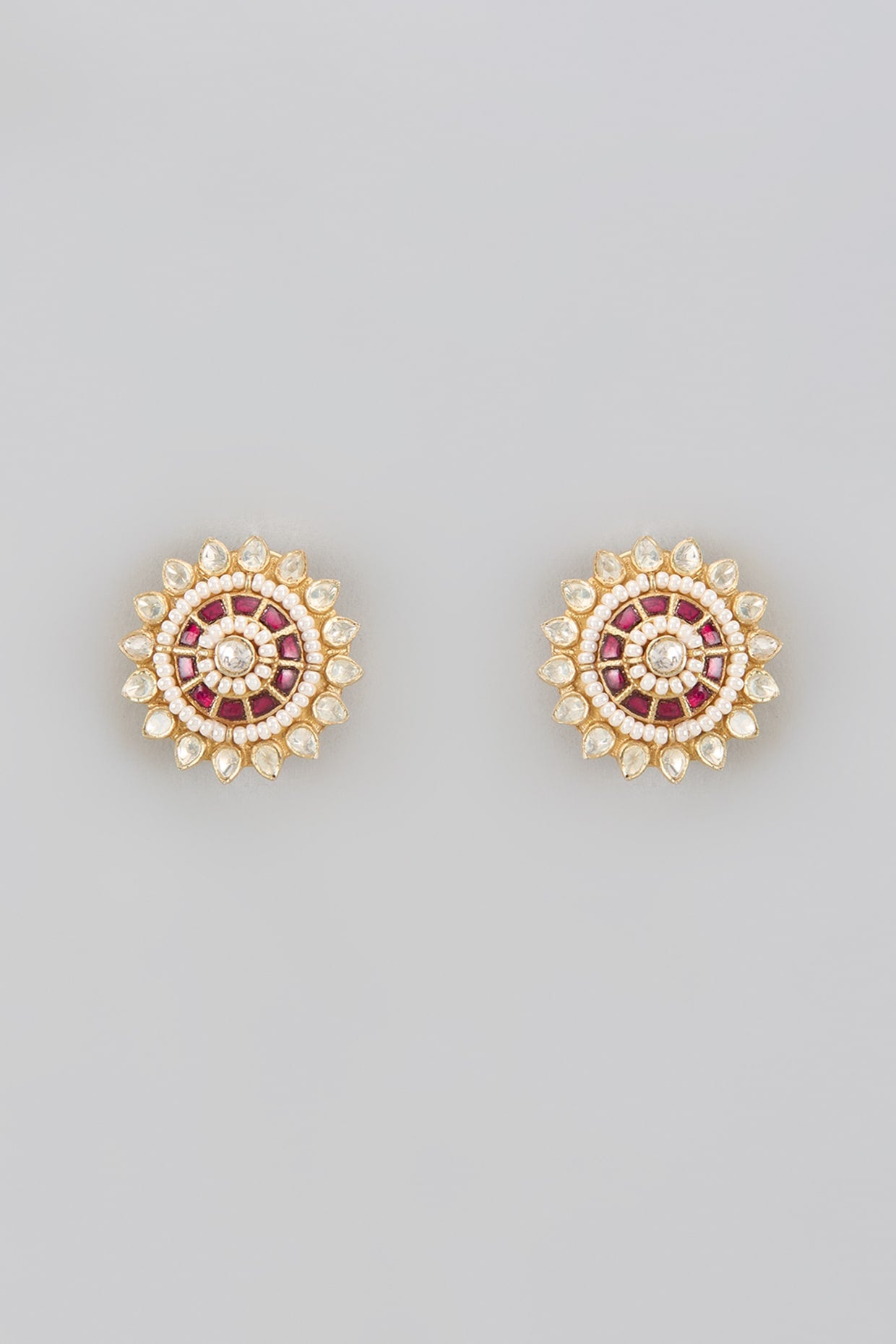 Gold Plated Red Moissanite Polki Stud Earrings In Sterling Silver Red