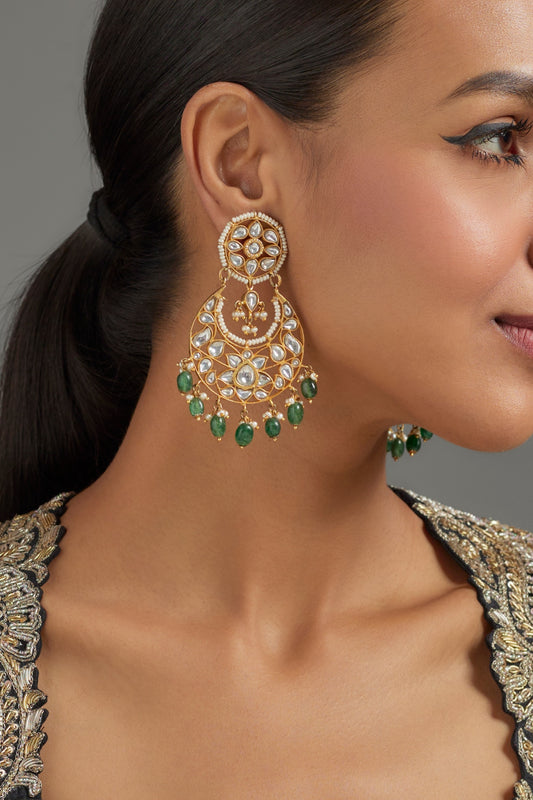 Gold Plated Moissanite Polki & Beaded Chandbali Earrings In Sterling Silver