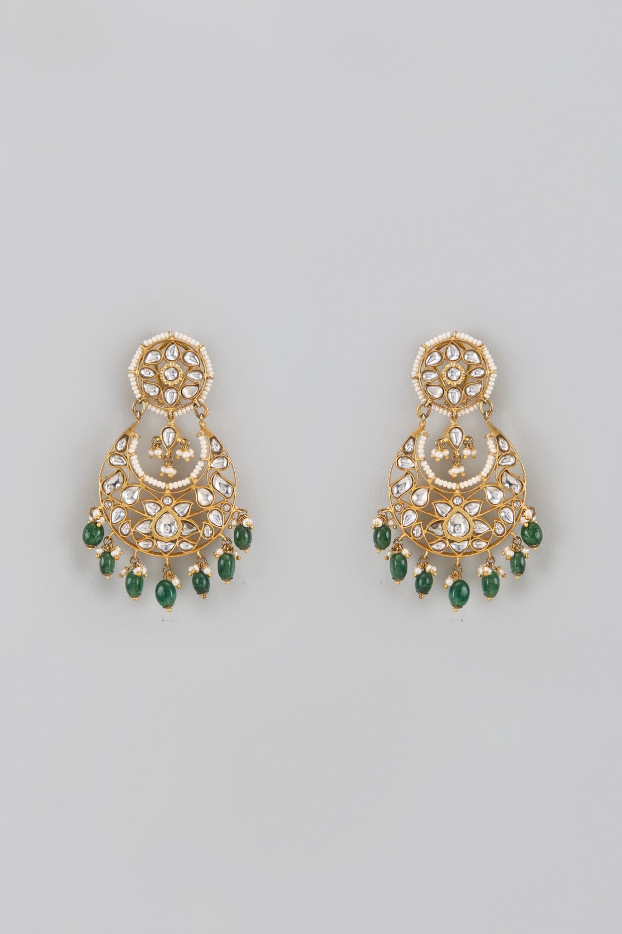 Gold Plated Moissanite Polki & Beaded Chandbali Earrings In Sterling Silver