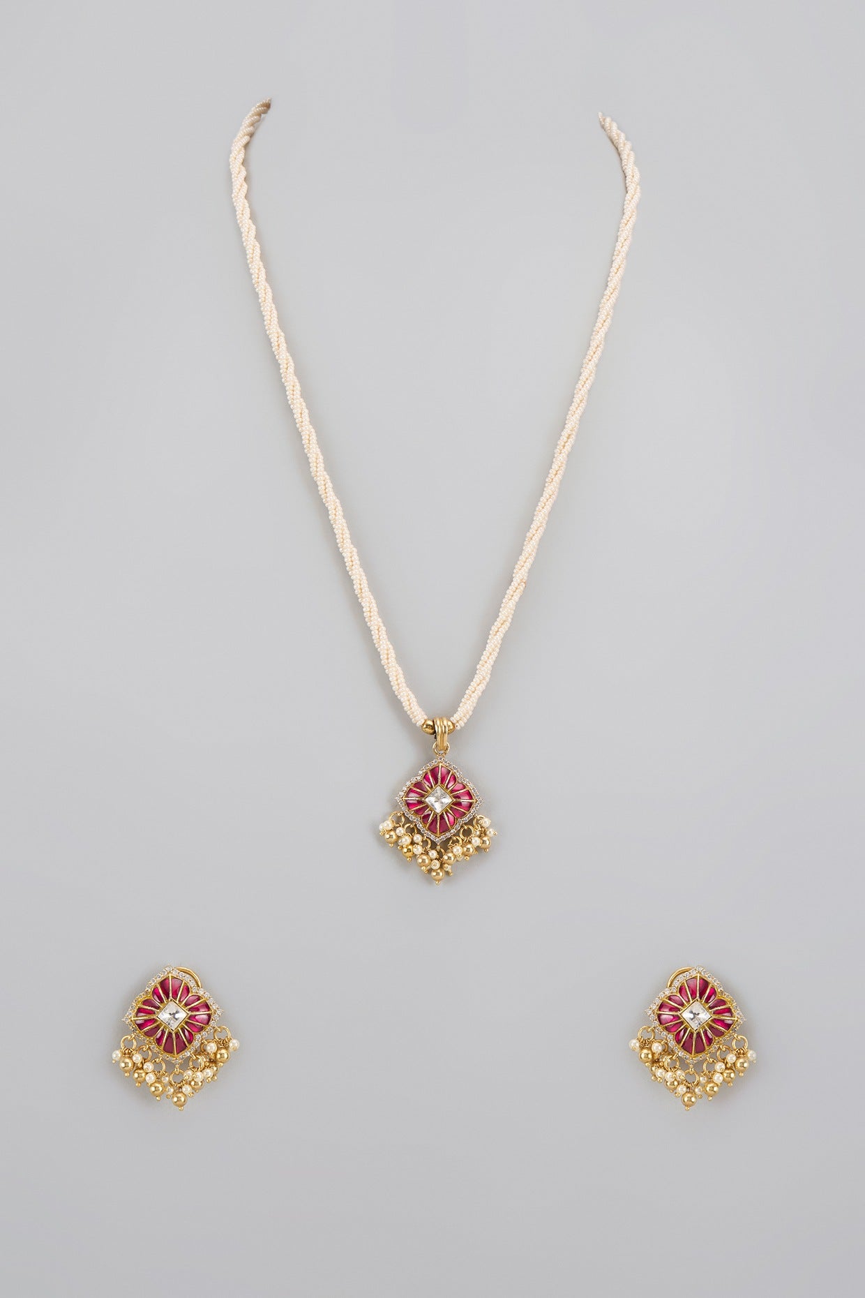 Gold Plated Red Moissanite Polki Necklace Set In Sterling Silver