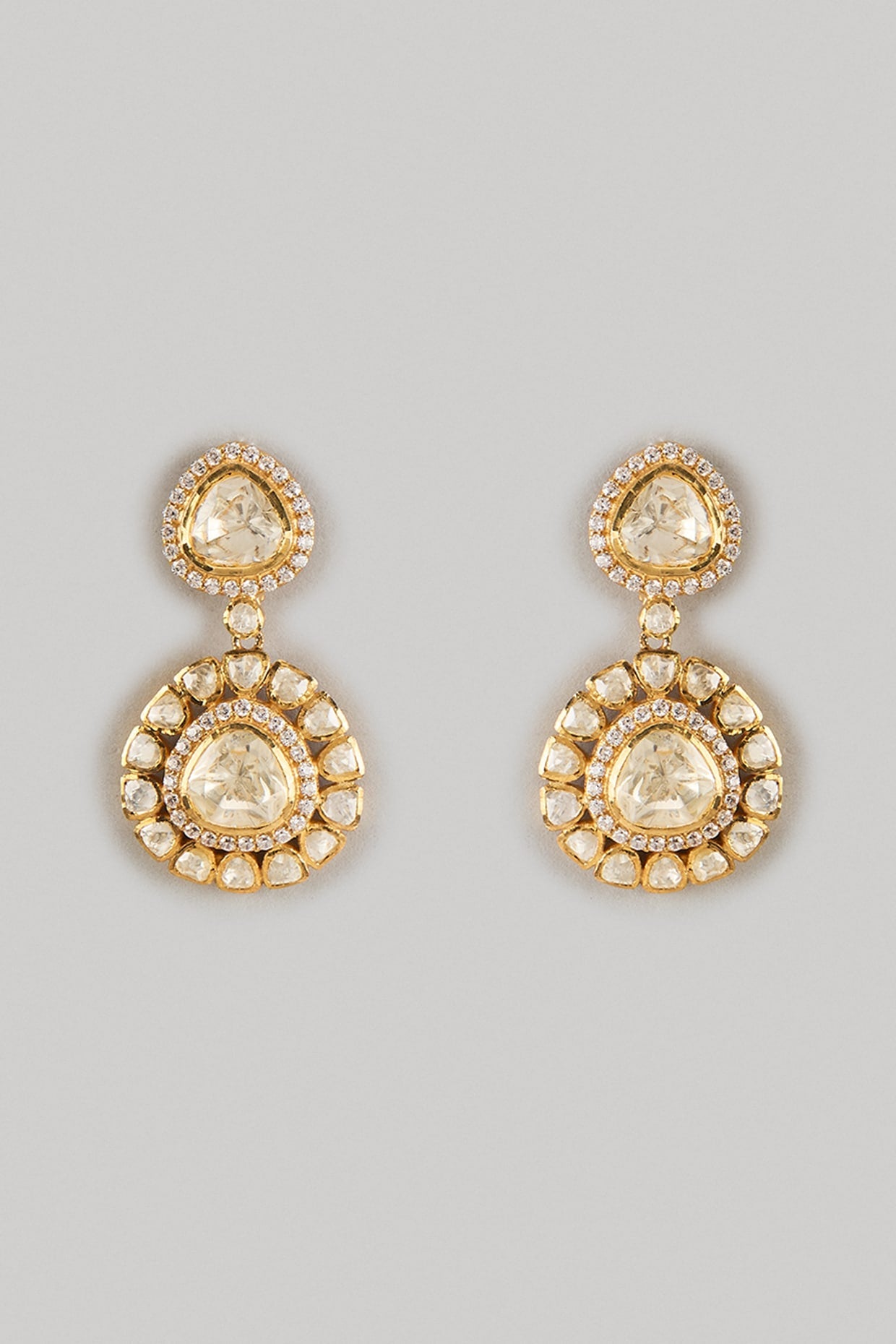 Gold Finish Moissanite Polki Dangler Earrings In Sterling Silver