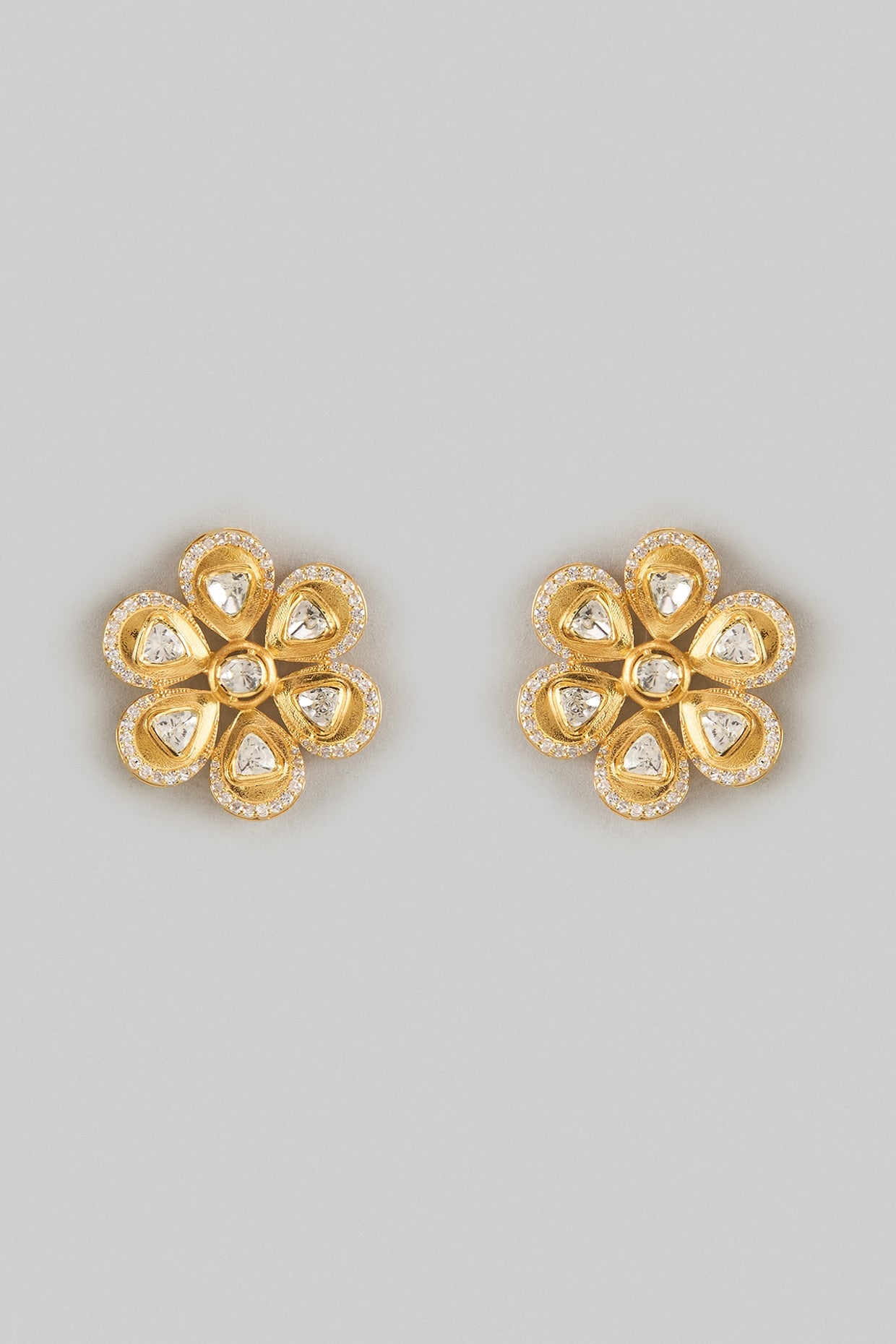 Gold Finish Moissanite Polki Stud Earrings In Sterling Silver