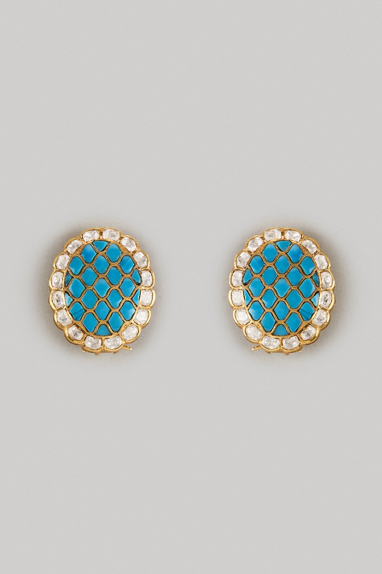 Gold Finish Turquoise Kundan Polki Stud Earrings In Sterling Silver