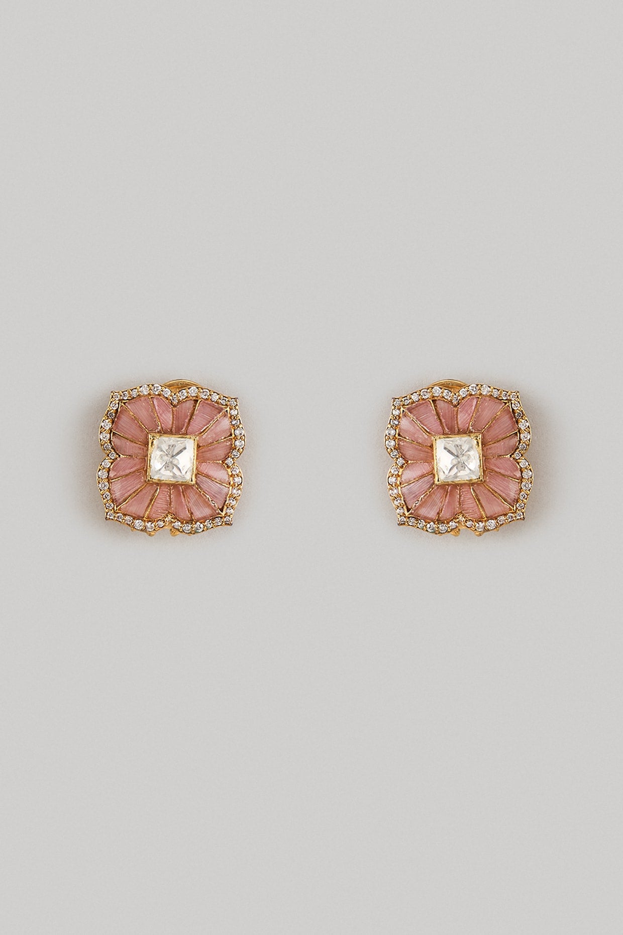 Gold Finish Pink Moissanite Polki Stud Earrings In Sterling Silver