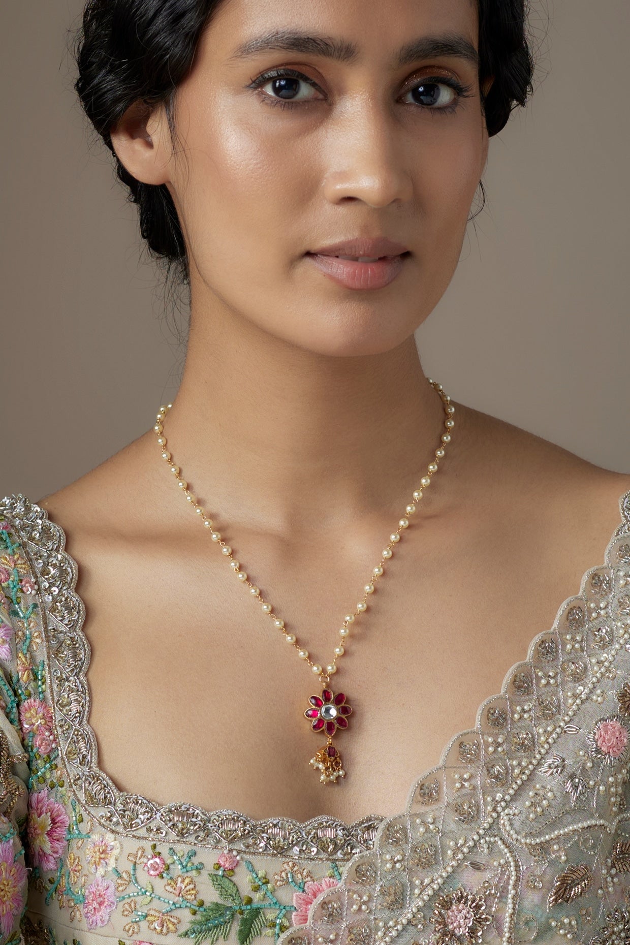 Gold Finish Red Kundan Polki & Pearl Necklace In Sterling Silver