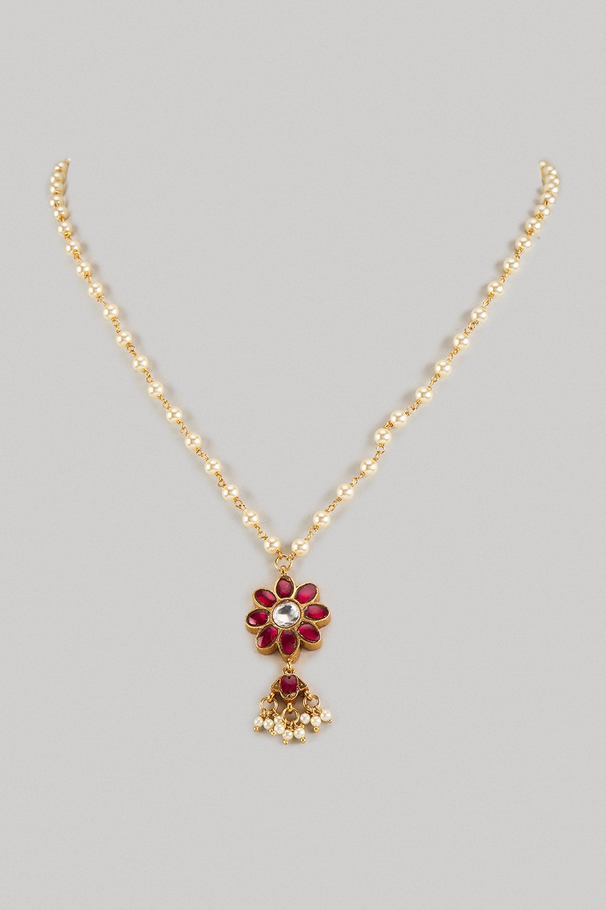 Gold Finish Red Kundan Polki & Pearl Necklace In Sterling Silver