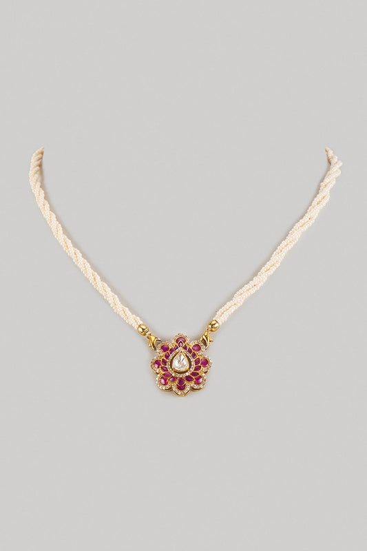 Gold Finish Red Moissanite Polki & Pearl Necklace In Sterling Silver