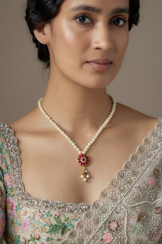 Gold Finish Red Kundan Polki & Pearl Necklace In Sterling Silver