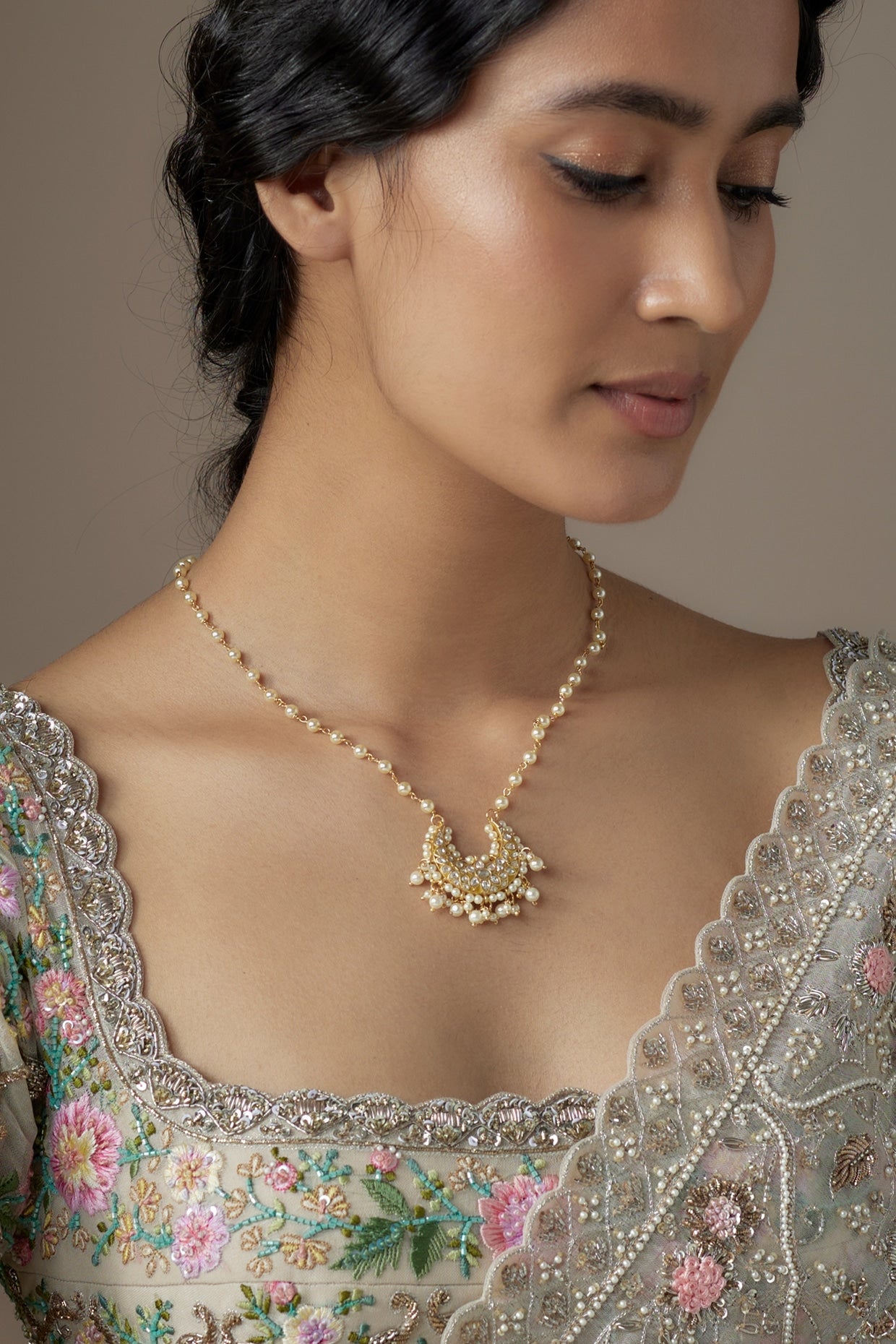 Gold Finish Kundan Polki Necklace In Sterling Silver