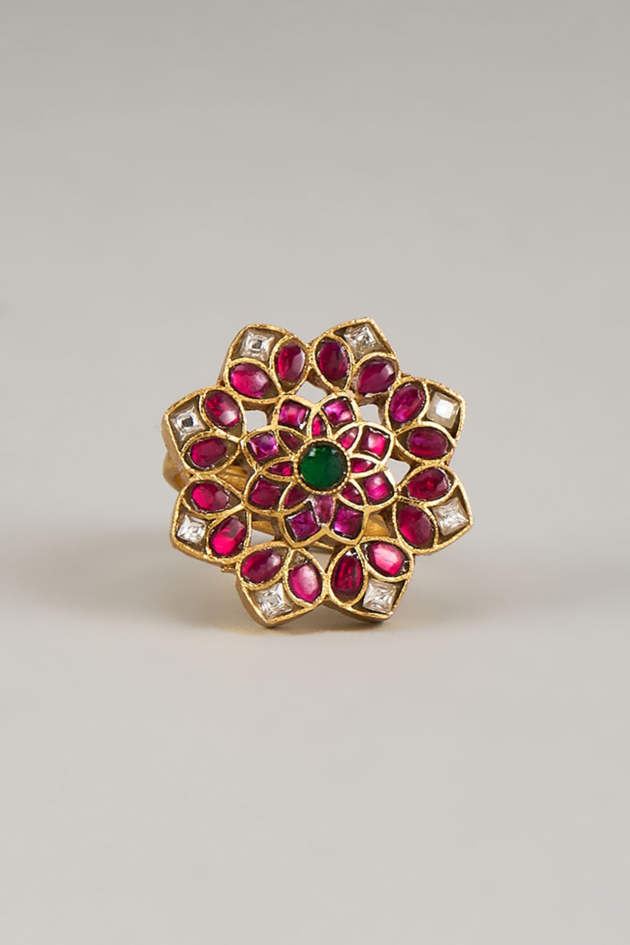 Gold Finish Red Kundan Polki Adjustable Ring In Sterling Silver