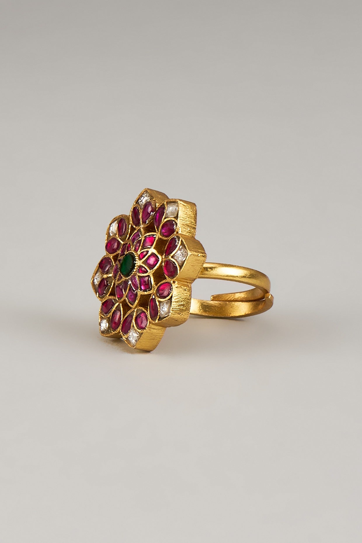 Gold Finish Red Kundan Polki Adjustable Ring In Sterling Silver