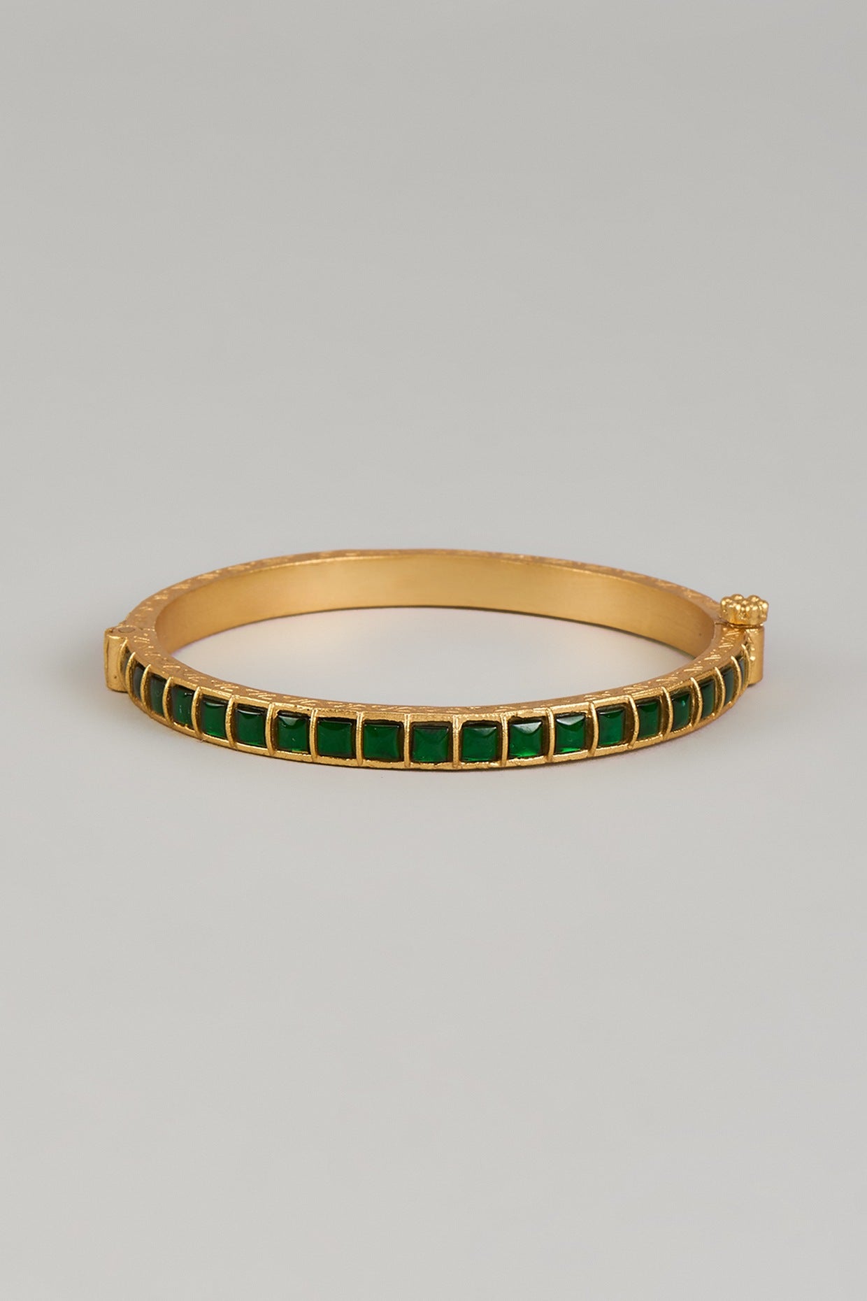 Gold Finish Green Kundan Polki Bangle In Sterling Silver