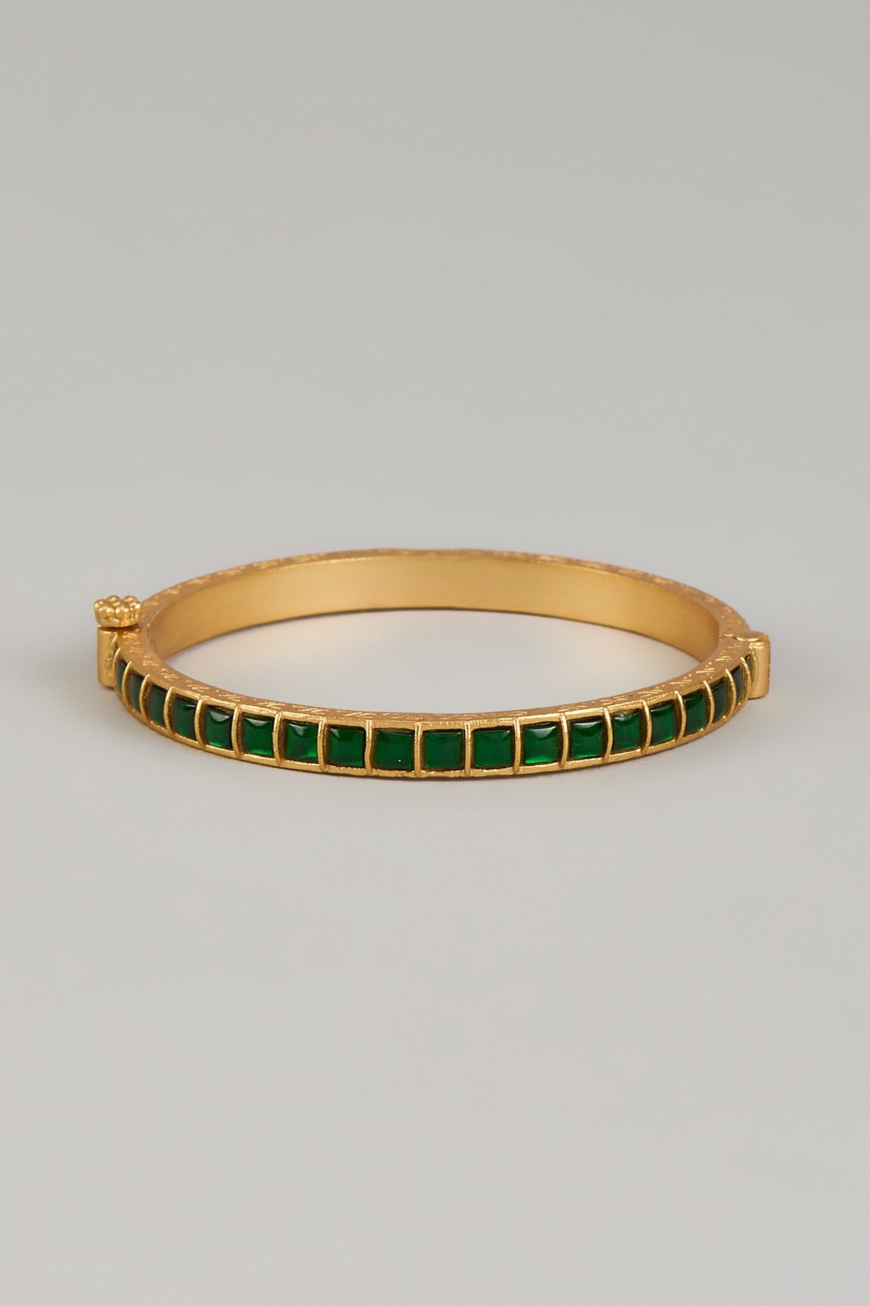 Gold Finish Green Kundan Polki Bangle In Sterling Silver