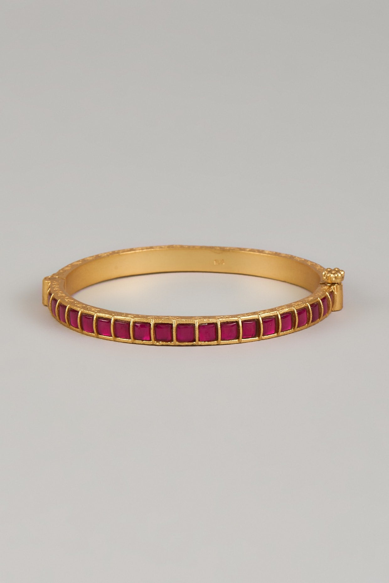 Gold Finish Red Kundan Polki Openable Bangle In Sterling Silver