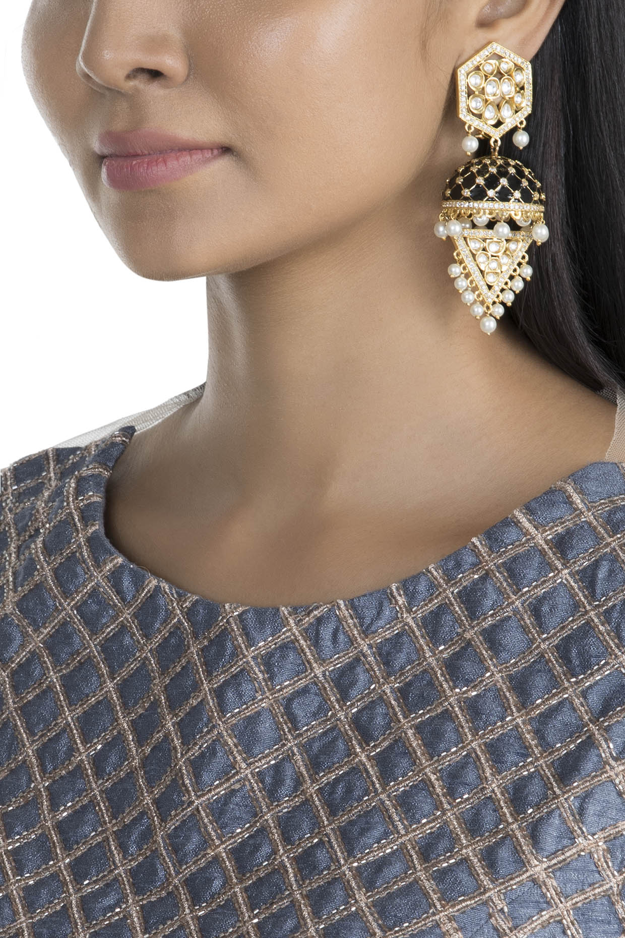 Gold Finish Black Enameled Kundan Earrings