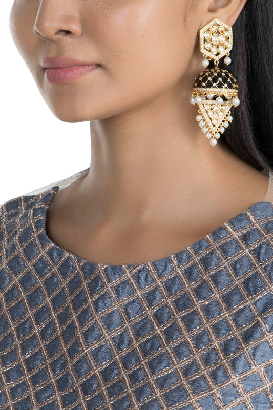 Gold Finish Black Enameled Kundan Earrings
