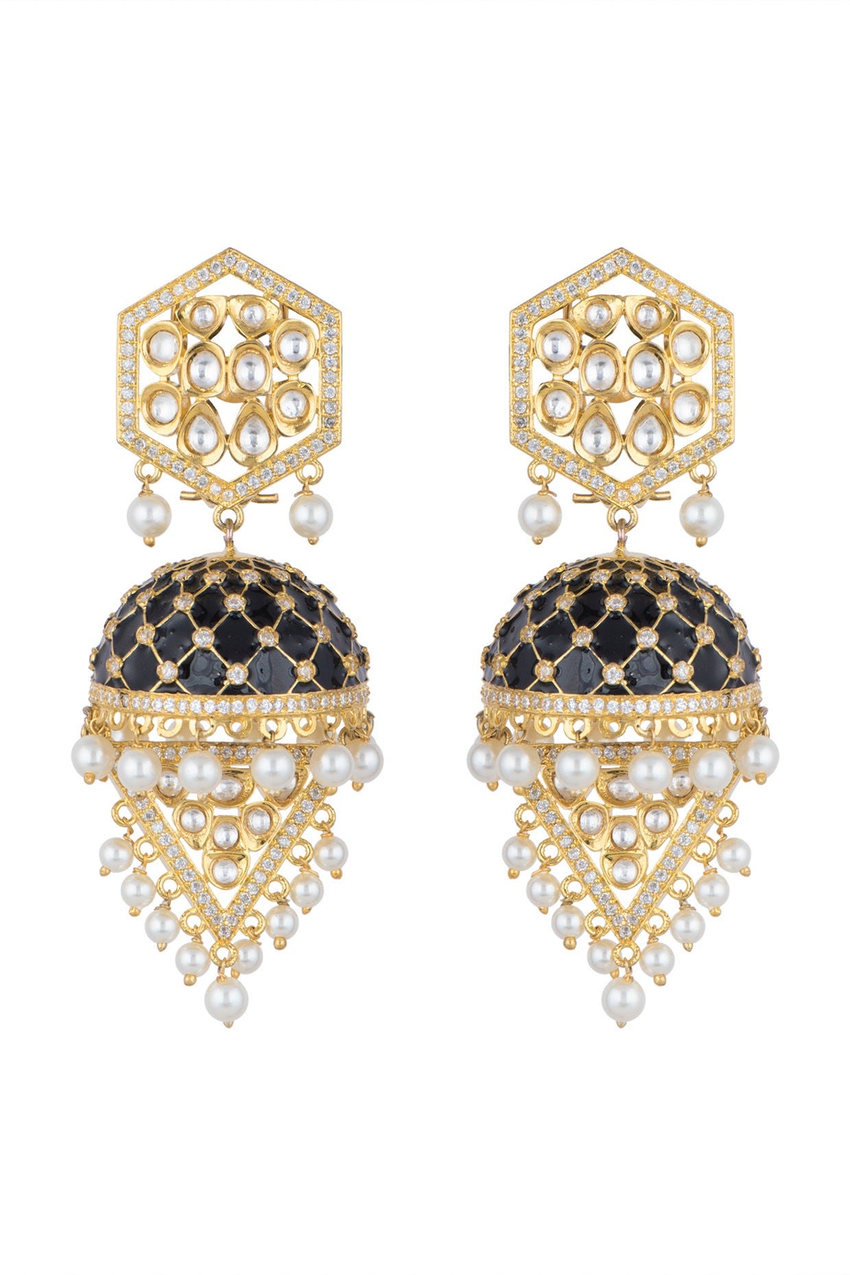 Gold Finish Black Enameled Kundan Earrings