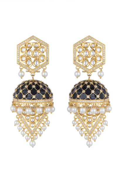 Gold Finish Black Enameled Kundan Earrings