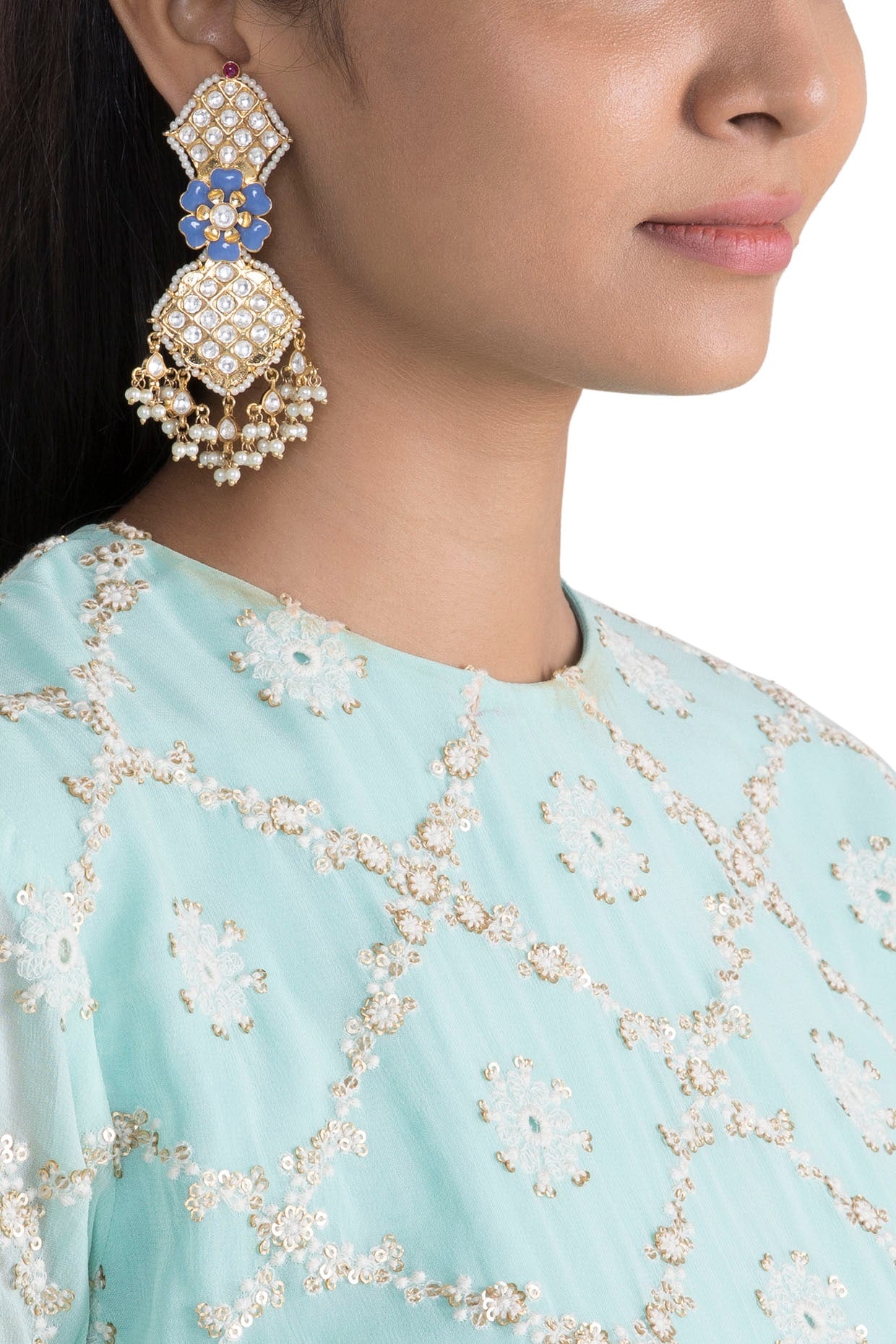 Gold Finish Blue Enameled Kundan Earrings