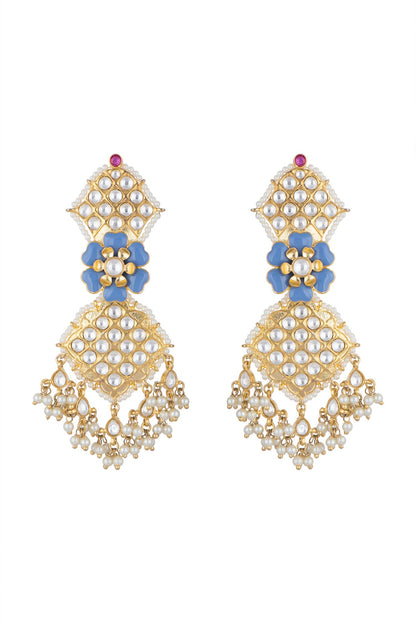 Gold Finish Blue Enameled Kundan Earrings