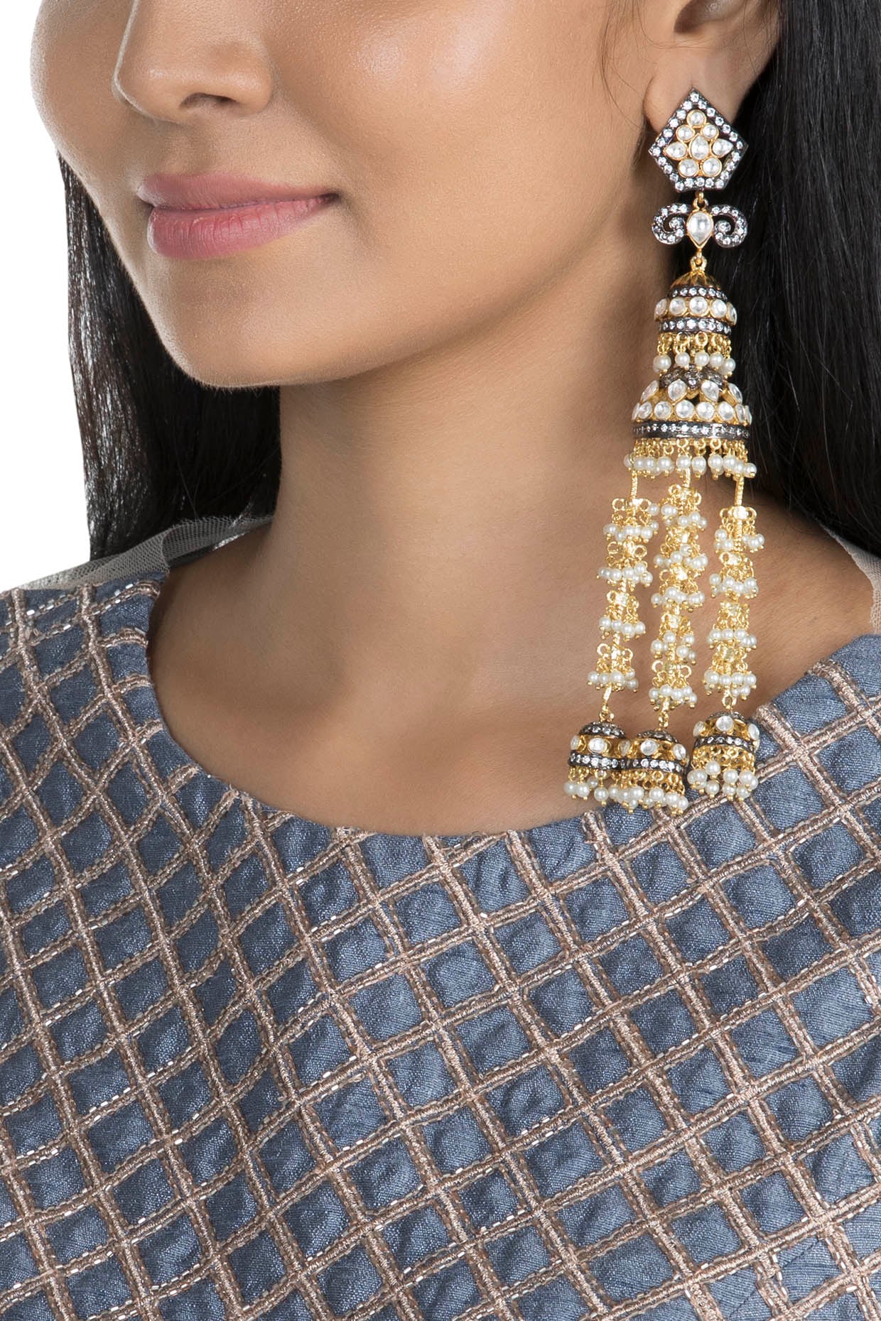 Gold Finish Faux Pearl, Kundan & CZ Diamond Earrings