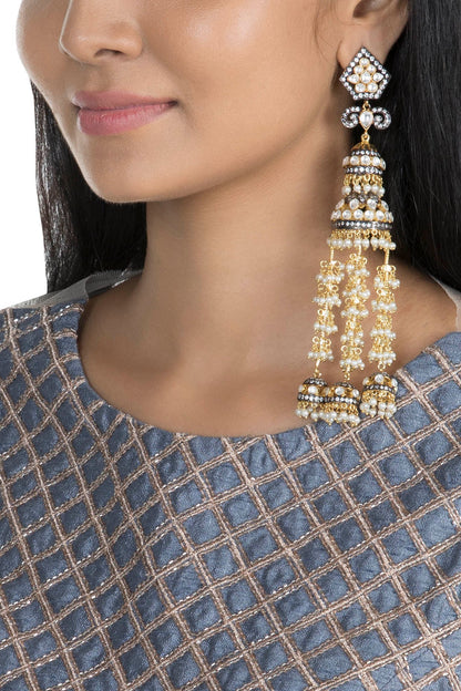 Gold Finish Faux Pearl, Kundan & CZ Diamond Earrings