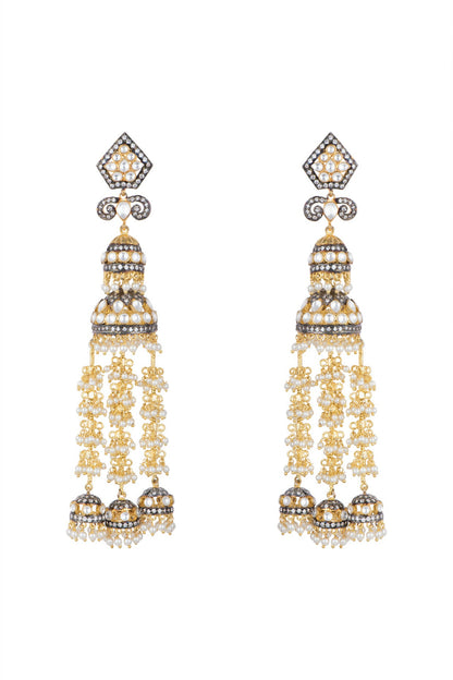 Gold Finish Faux Pearl, Kundan & CZ Diamond Earrings