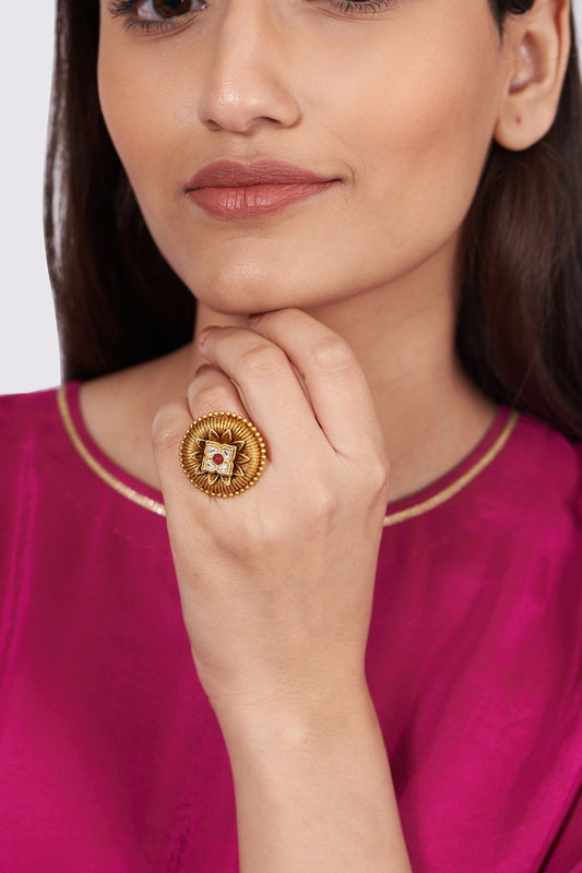 Gold Finish Kundan Polki Ring